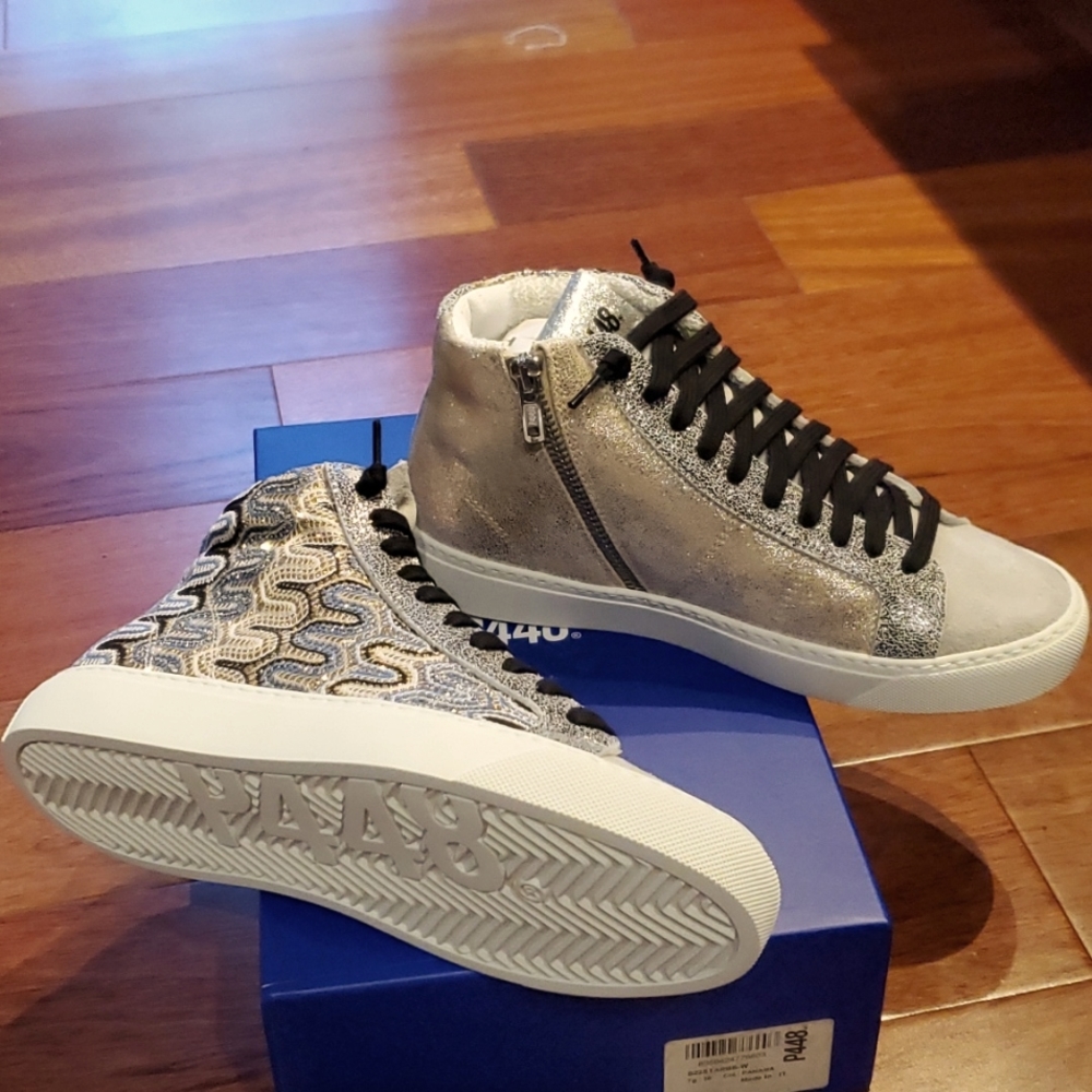 P448 Sparkly pattern +taupe metallic leather sneakers